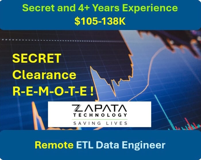 Job >> Fully Remote >> Seeking SECRET ETL Data Engineer >> Details at https://www.zapatatechnology.com/software-data-engineer-1399/ #ETL #Data #DataEngineer #DBA #BGJobs #SECRET #SecurityClearance